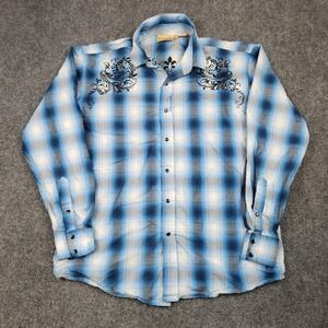 Cowboy Legend Shirt Mens XL Blue Plaid Western Pearl Snap Scroll‎ Graphic Casual